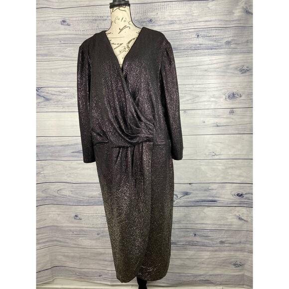 Lane Bryant Surplice Ombre Foil Dress Womens 26 Faux Wrap Elastic Waist Sparkle - Picture 2 of 12